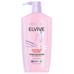 L'Oreal Paris Elvive Glycolic + Gloss shampoo bottle showing luminous shine.