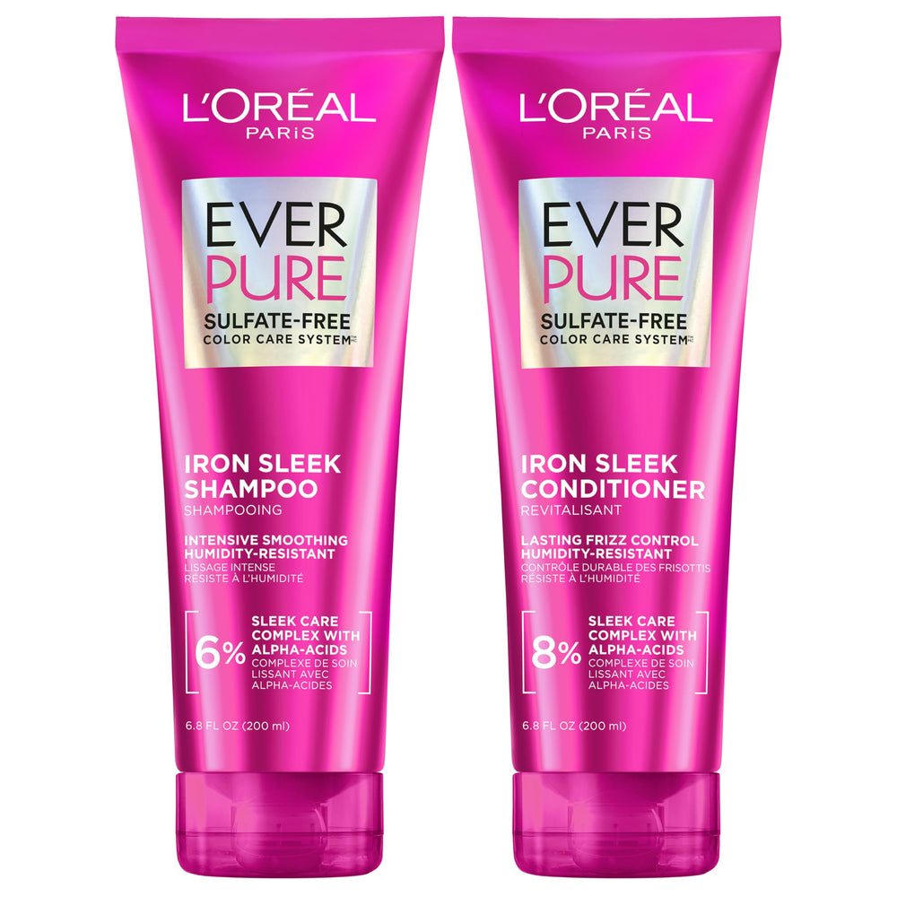 L'Oreal Paris EverPure Iron Sleek shampoo bottle showing frizz control and color protection