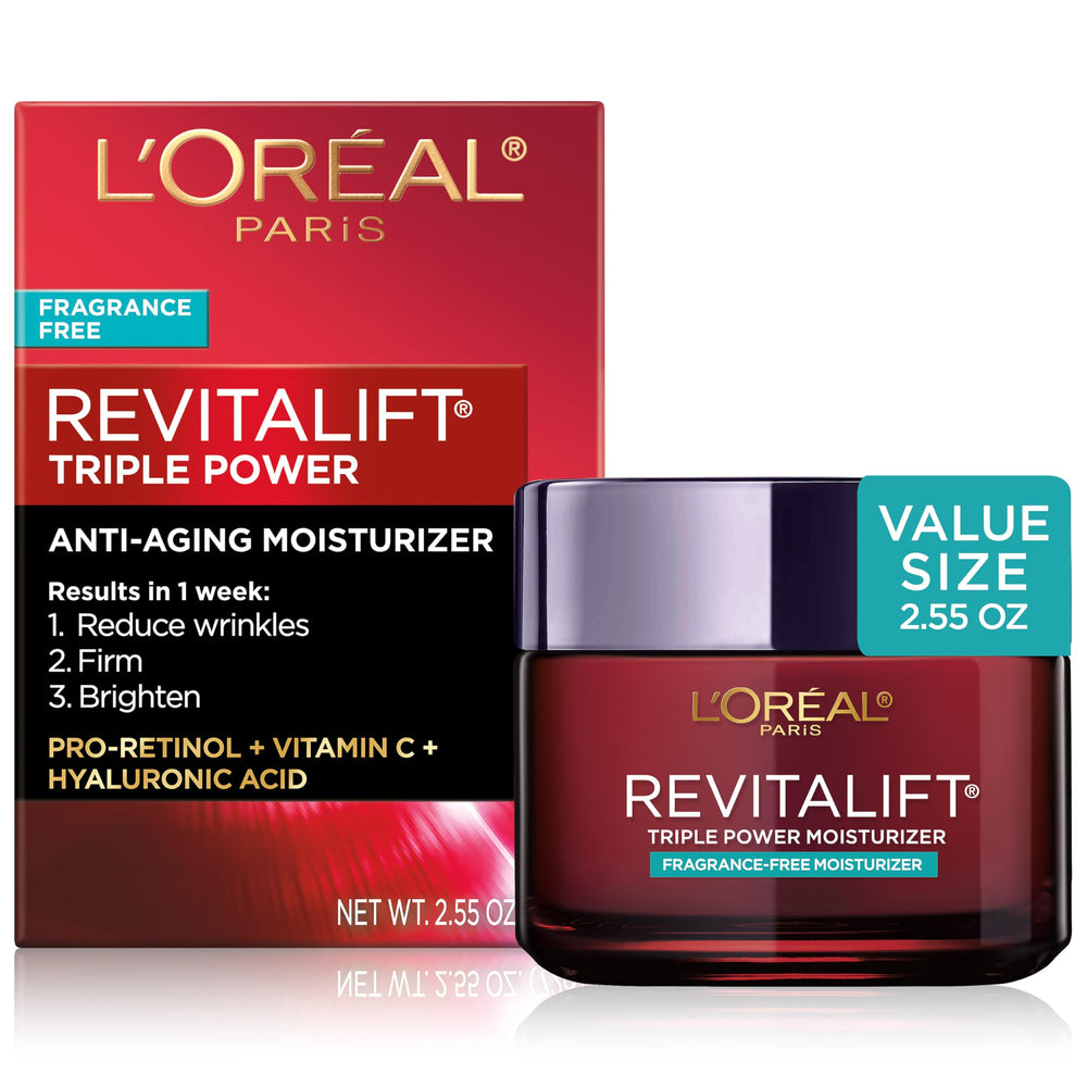 L'Oreal Paris Revitalift triple power bottle with pump for easy daily application.