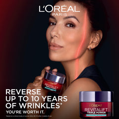 L'Oreal Paris Revitalift fragrance-free jar shown for sensitive skin compatibility.