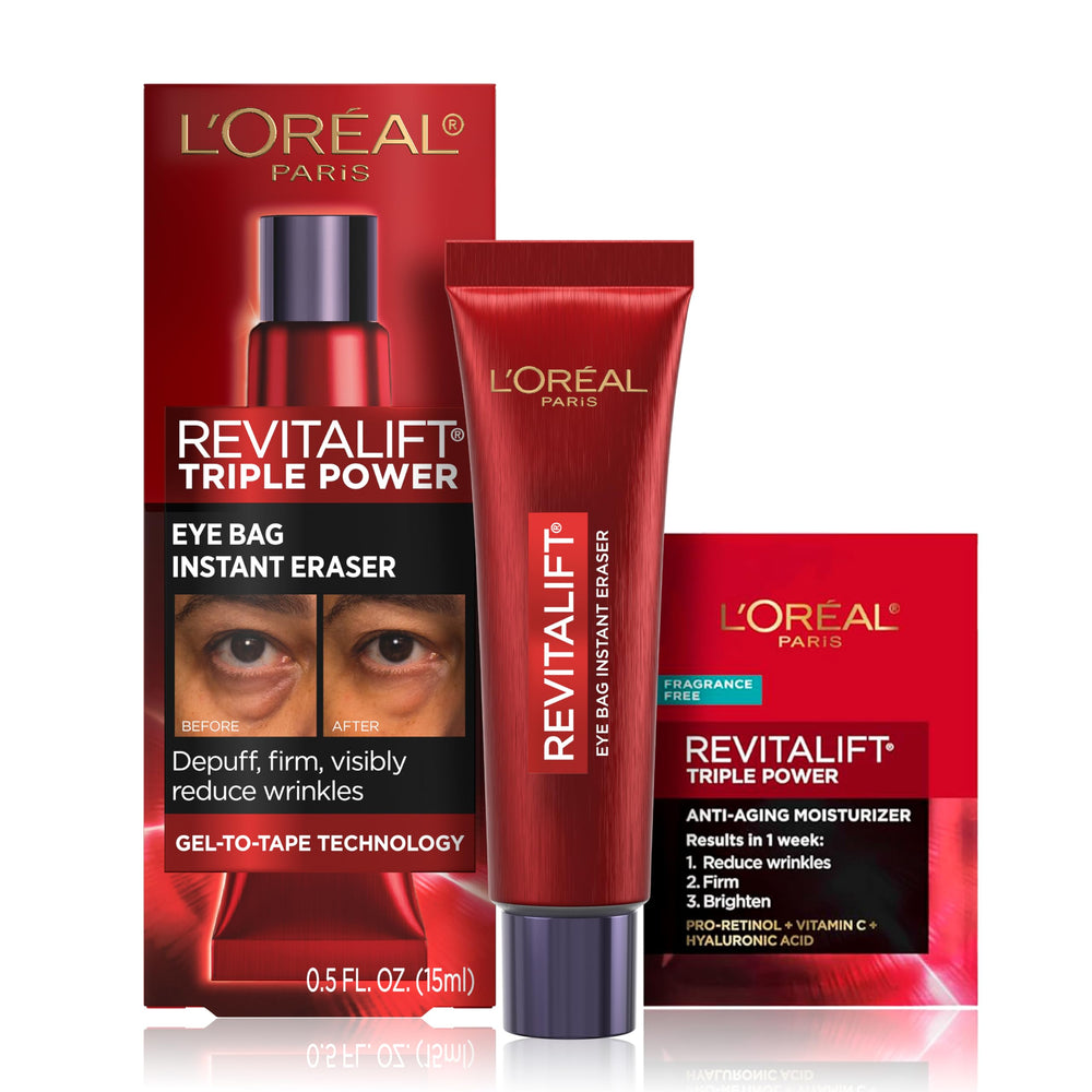 L'Oreal Paris Revitalift Eye Bag Eraser bottle shows instant tightening benefits
