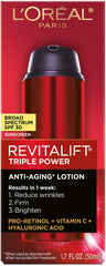 Close-up of SPF30 lotion spread on skin for firming and brightness.