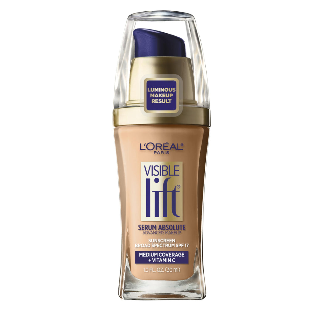 Loreal Paris Visible Lift Serum Absolute Foundation Sand Beige bottle for radiant, even skin tone.