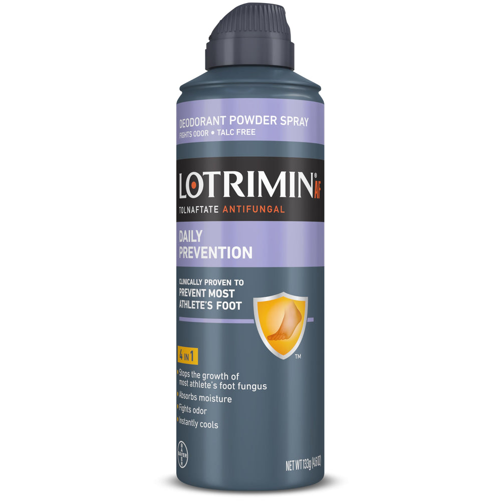 Lotrimin AF daily prevention bottle cap view, helps control moisture on feet to deter fungus.