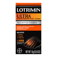 Lotrimin Ultra cream tube front showing prescription-strength formula for fast relief.