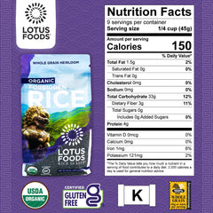 Lotus Foods Forbidden Rice raw grains highlight high-fiber, whole-grain nutrition