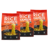 Lotus Foods ramen packaging highlights gluten-free, millet and brown rice noodles.