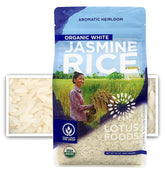 Lotus Foods Organic White Jasmine Rice bag on kitchen counter ready to cook fluffy grains