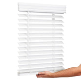 Lotus & Windoware cordless 2-inch faux wood blind in bright white, easy light control.