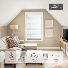 Lotus & Windoware 34.5W x 60H faux wood blind, suitable for inside or outside mounting.