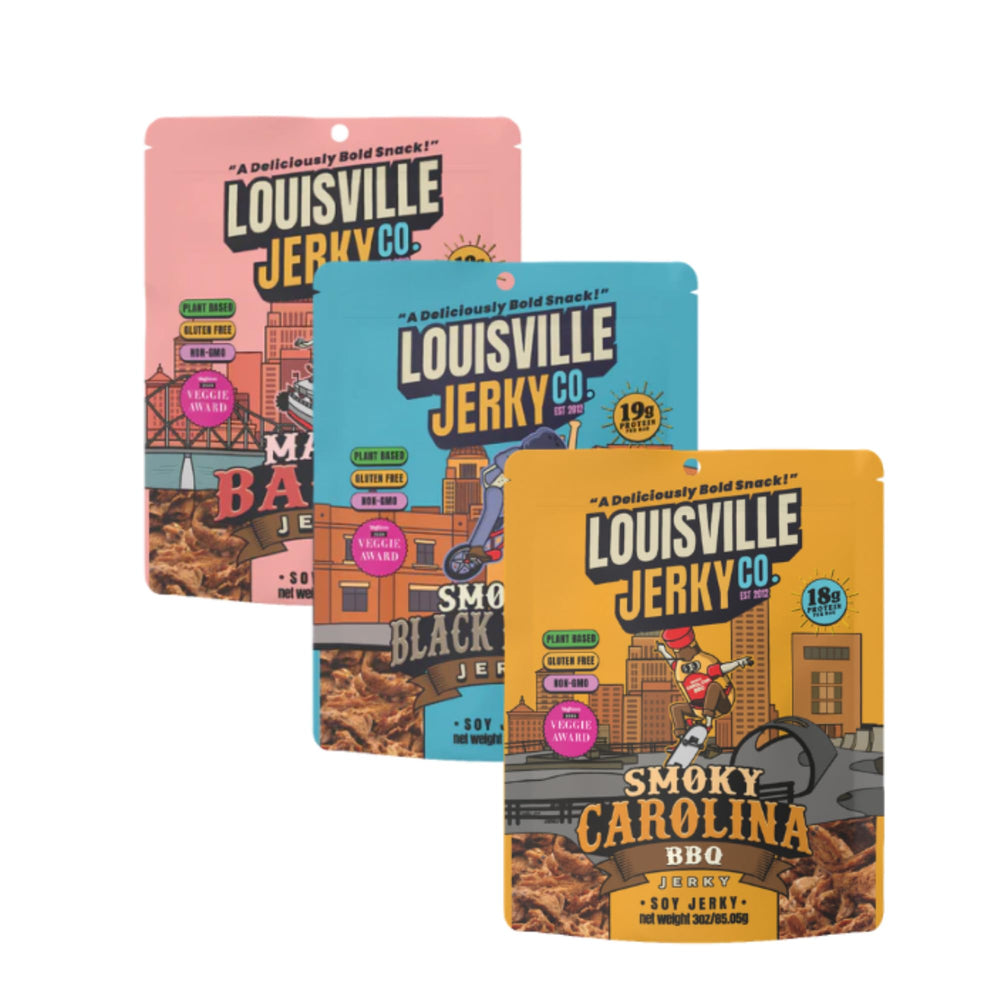 Louisville Vegan Jerky Smoky Carolina BBQ bag close-up highlighting rich, protein-packed snack