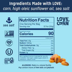Love Corn 20-pack snack bags, convenient for lunchboxes and travel.