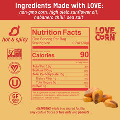 Love Corn Hot & Spicy close crunch shows crisp texture and non-GMO ingredients.
