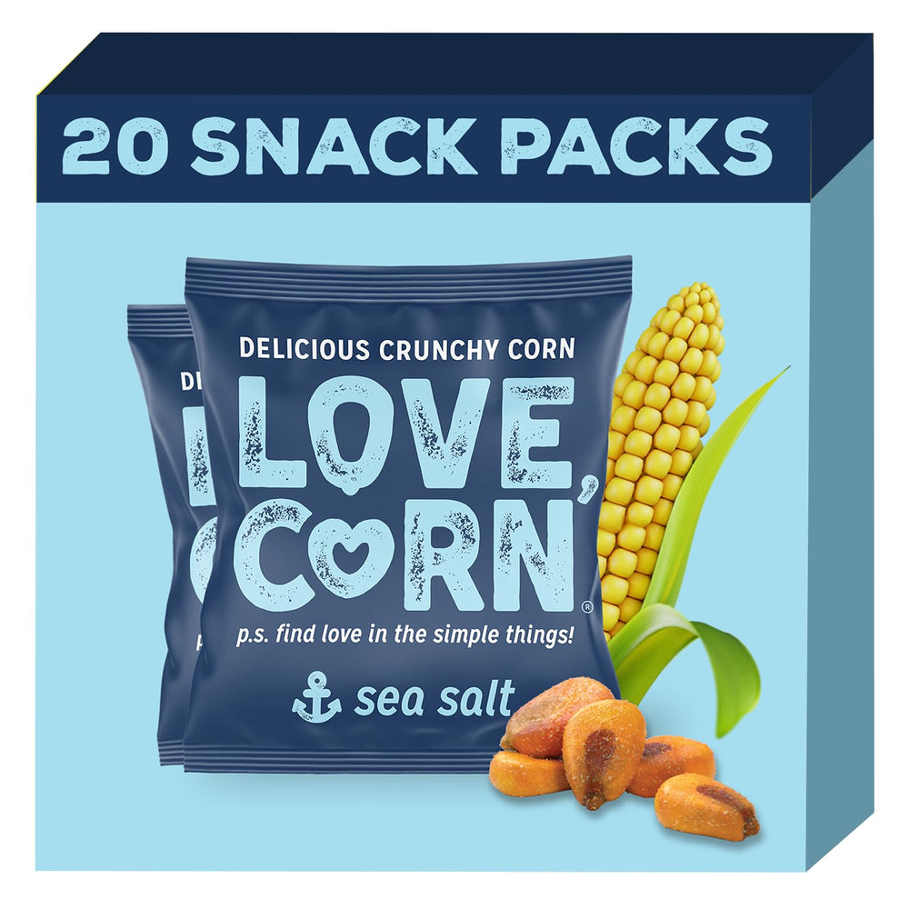 Love Corn sea salt crunchy roasted corn snack in bag, savory and satisfying.