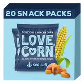 Love Corn sea salt crunchy roasted corn snack in bag, savory and satisfying.
