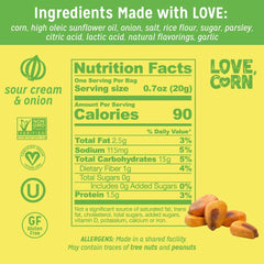 Love Corn Sour Cream & Onion crunchy kernels showcasing bold flavor for on-the-go cravings.