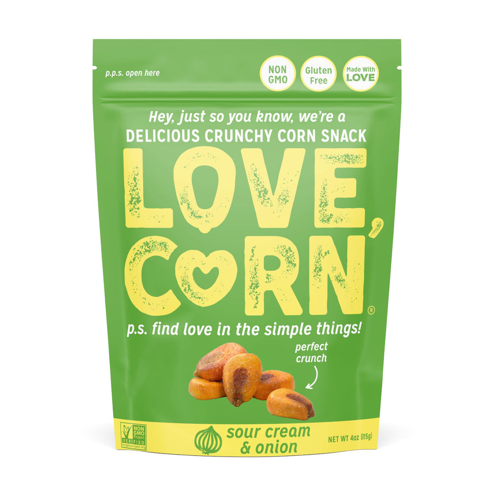 Love Corn Sour Cream & Onion front package showcasing a portable savory snack