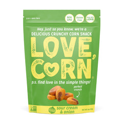 Love Corn Sour Cream & Onion front package showcasing a portable savory snack