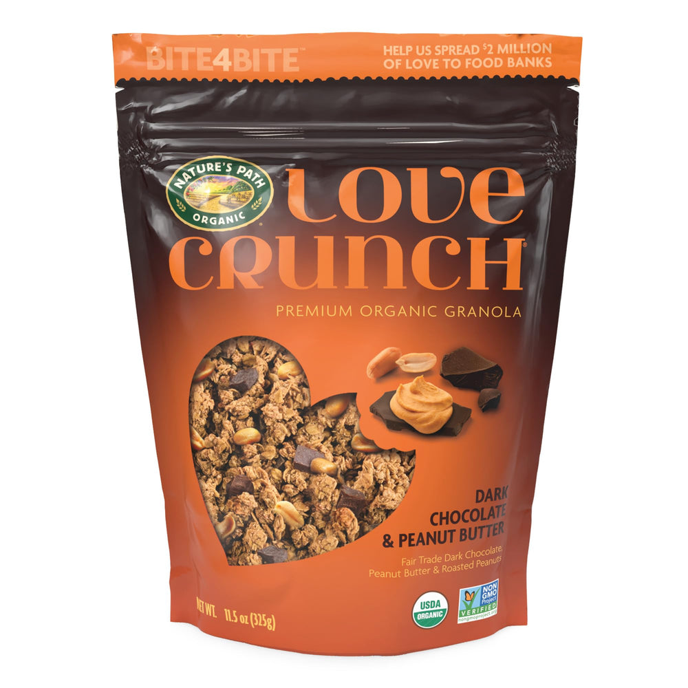Love Crunch dark chocolate peanut butter granola 6-pack pouches; a crunchy, satisfying breakfast option.