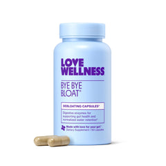 Love Wellness Bye Bye Bloat bottle front for bloating relief after meals.