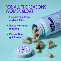 Love Wellness Bye Bye Bloat capsules closeup highlighting fast-acting relief.