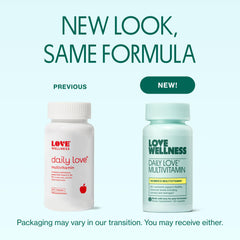 Daily Love capsules close-up emphasizing hair, skin, and nails benefits.