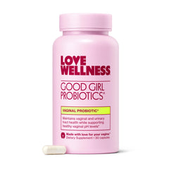 Love Wellness Good Girl Probiotics bottle for daily vaginal health support.