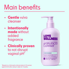 Close-up of Love Wellness cleanser bottle, pH balanced formula suitable for sensitive vaginal skin.