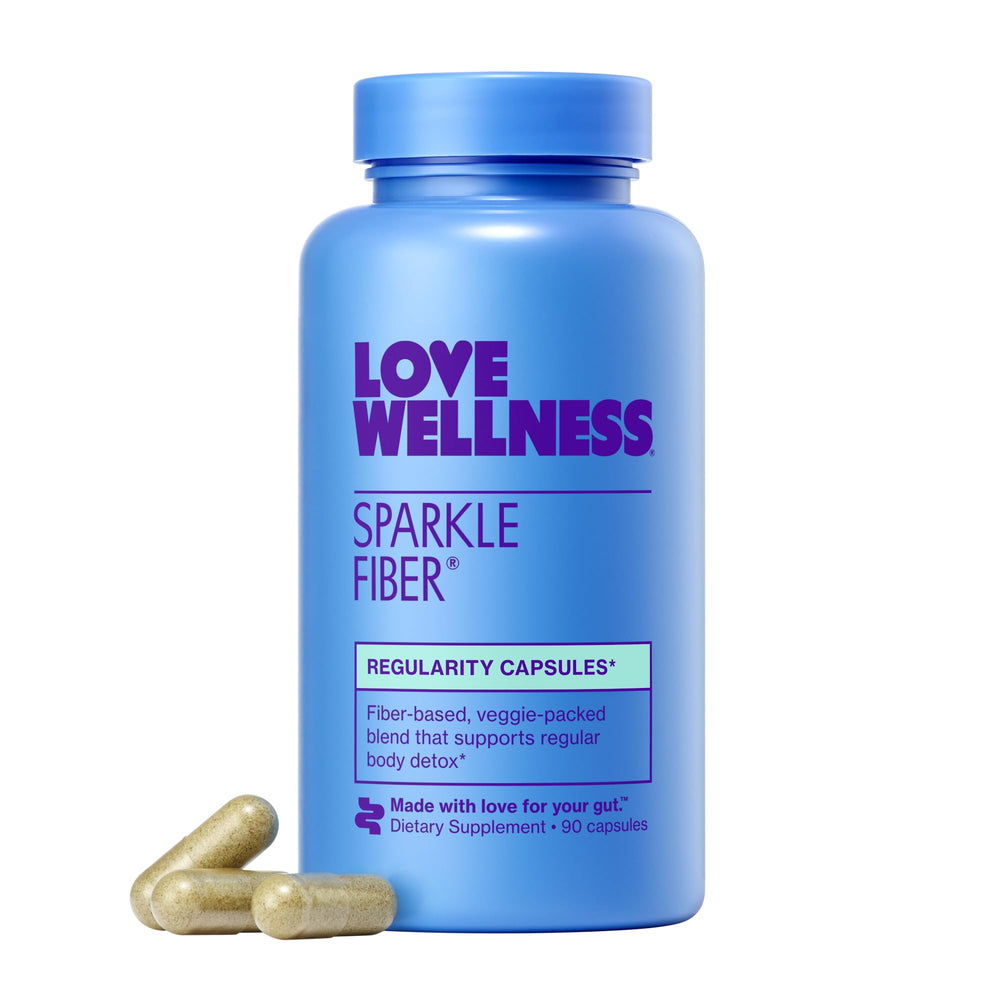 Love Wellness Sparkle Fiber bottle on kitchen counter for daily gut support.