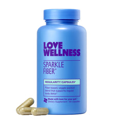 Love Wellness Sparkle Fiber bottle on kitchen counter for daily gut support.
