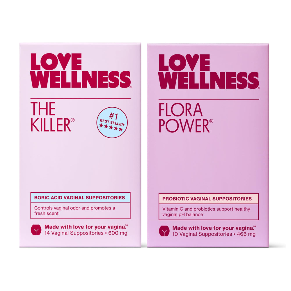 Love Wellness The Killer boric acid suppositories packaging highlighting pH balance.