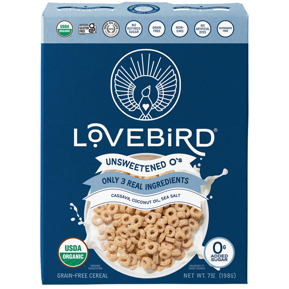 Lovebird O's cereal packaging, organic grain-free unsweetened formula.
