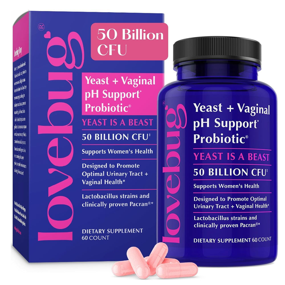 LOVEBUG yeast and vaginal probiotics bottle with multi-strain balance support.