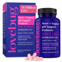 LOVEBUG yeast and vaginal probiotics bottle with multi-strain balance support.