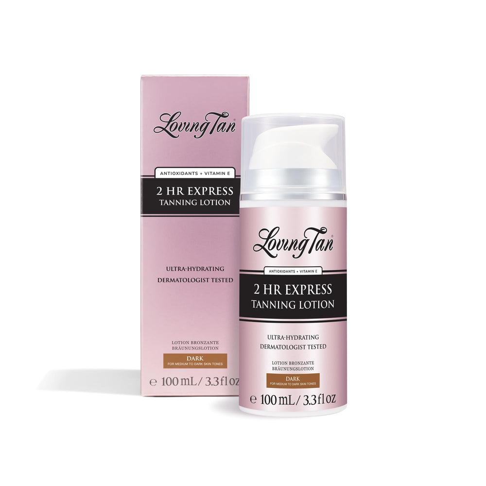 Loving Tan new 2 Hr Express tan bottle shows sleek packaging for easy at home tanning