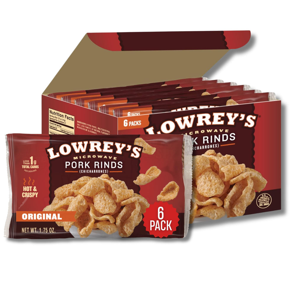 Lowrey's Bacon Curls original microwave pork rinds in a bag, hot and crispy.