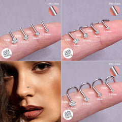 LOYALLOOK straight nose stud with 1.5–3mm CZ sparkles.