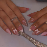 LPOODDNU almond press-on nails in medium pink with 3D bow glitter for at‑home manicure