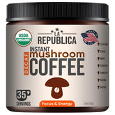 LRLA SUPERFOODS La Republica DECAF packaging shows the organic mushroom coffee blend for easy energy.
