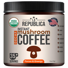 LRLA SUPERFOODS La Republica DECAF packaging shows the organic mushroom coffee blend for easy energy.