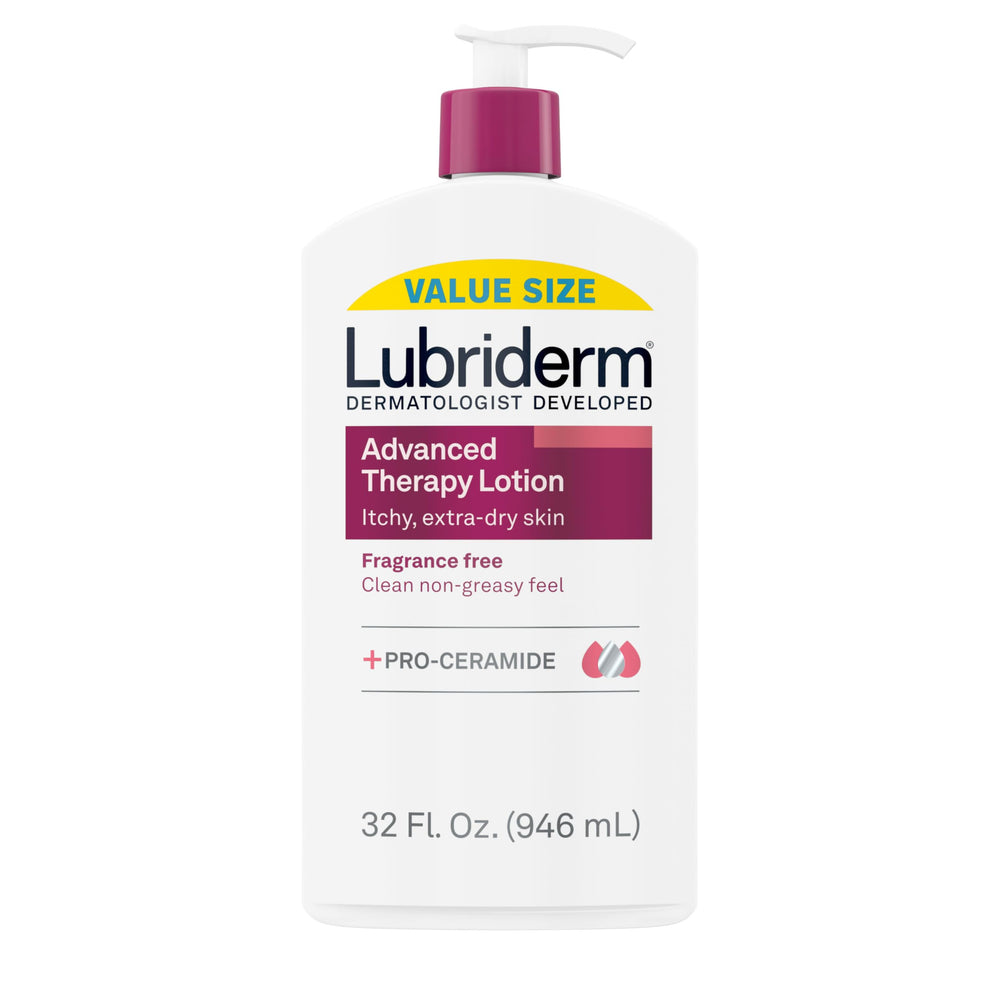 Lubriderm Advanced Therapy fragrance-free bottle 32oz demonstrates long-lasting hydration