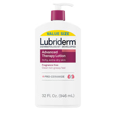 Lubriderm Advanced Therapy fragrance-free bottle 32oz demonstrates long-lasting hydration