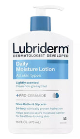 Lubriderm Daily Moisture bottle on a bathroom counter for everyday skin hydration.