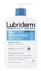 Lubriderm Daily Moisture bottle on a bathroom counter for everyday skin hydration.