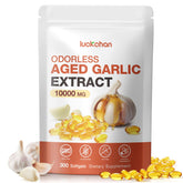 LUCKCHAN aged garlic extract bottle front highlighting odorless, high potency heart and immune support.