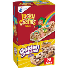 Lucky Charms variety pack box on shelf showing two flavors for convenient snacking.