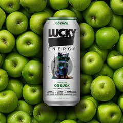 Lucky Energy OG Luck can in gym setting for workout-ready energy.