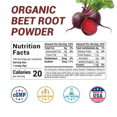 Luckycare Organic Raw Beet Root Powder bottle closeup label highlights non-GMO vegan quality.