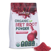 Luckycare Organic Raw Beet Root Powder jar front shows premium, pure beet powder for daily nutrition.