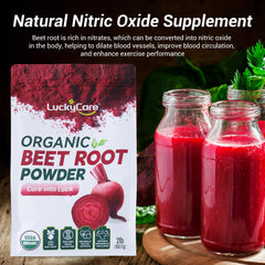 Luckycare Organic Raw Beet Root Powder scoop dispensing demonstrates convenient pre-workout mix.